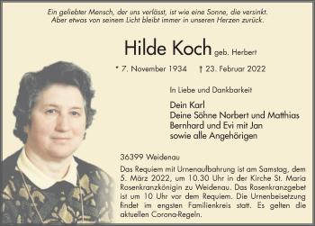 Traueranzeige von Hilde Koch von FZ