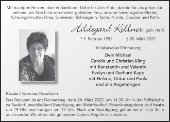 Traueranzeige von Hildegard Kellner von FZ