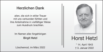 Traueranzeige von Horst Hetzl von FZ