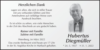 Traueranzeige von Hubertus Diegmüller