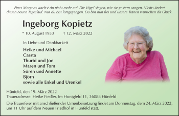 Traueranzeige von Ingeborg Kopietz von FZ