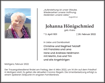 Traueranzeige von Johanna Hönigschmied von FZ