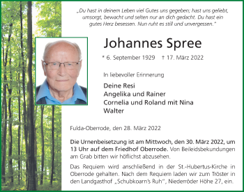 Traueranzeige von Johannes Spree von FZ