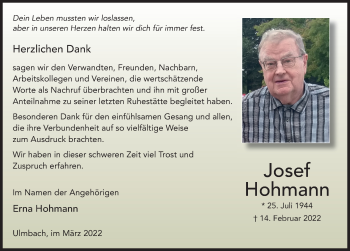 Traueranzeige von Josef Hohmann von FZ