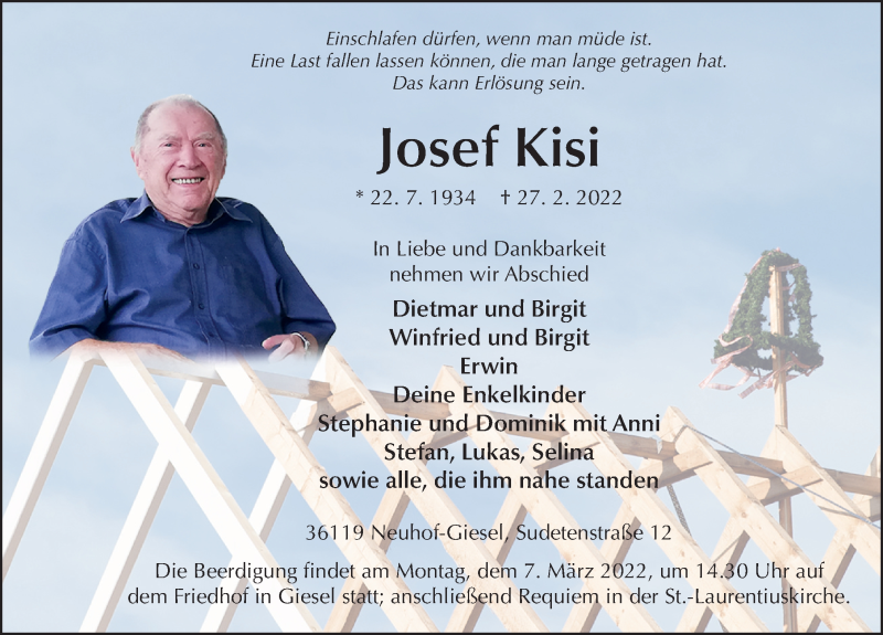  Traueranzeige für Josef Kisi vom 03.03.2022 aus FZ