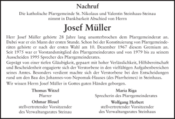 Traueranzeige von Josef Müller