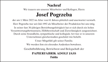 Traueranzeige von Josef Pogrzeba von FZ