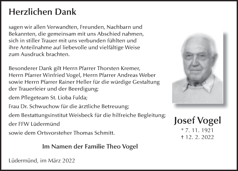  Traueranzeige für Josef Vogel vom 28.03.2022 aus FZ