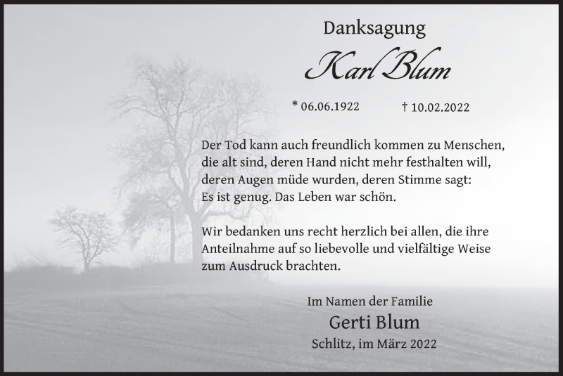  Traueranzeige für Karl Blum vom 18.03.2022 aus FZ