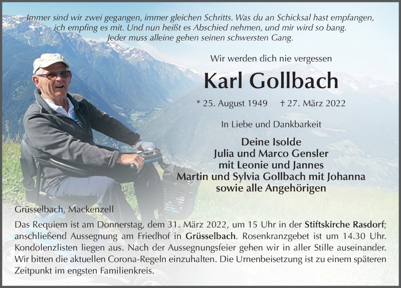  Traueranzeige für Karl Gollbach vom 29.03.2022 aus FZ