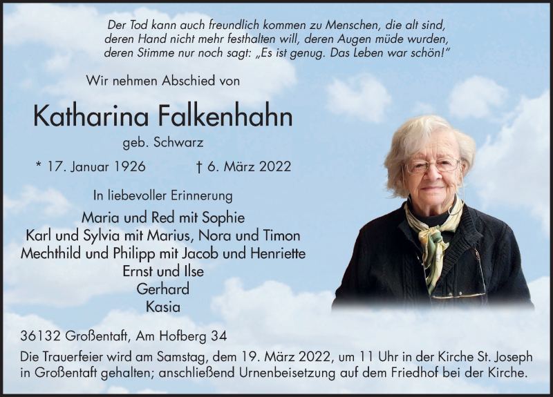  Traueranzeige für Katharina Falkenhahn vom 12.03.2022 aus FZ