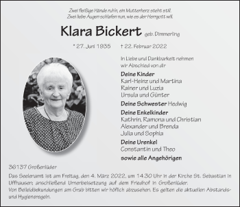 Traueranzeige von Klara Bickert von FZ