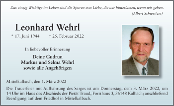 Traueranzeige von Leonhard Wehrl von FZ