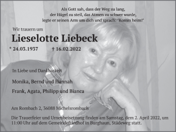 Traueranzeige von Lieselotte Liebeck von FZ