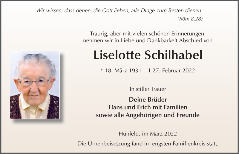  Traueranzeige für Liselotte Schilhabel vom 26.03.2022 aus FZ