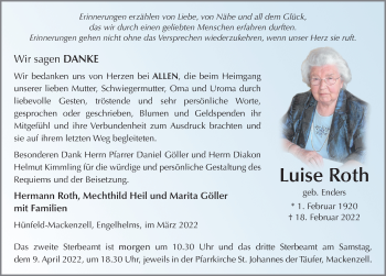 Traueranzeige von Luise Roth von FZ