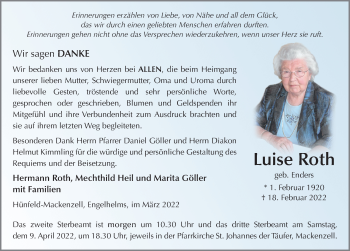 Traueranzeige von Luise Roth