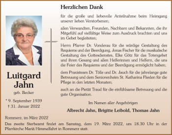 Traueranzeige von Luitgard Jahn von FZ
