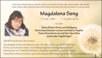 Traueranzeige von Magdalena Seng von FZ