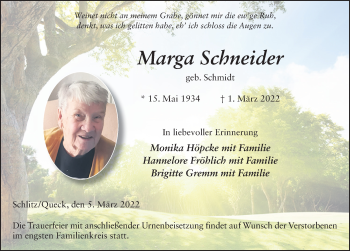 Traueranzeige von Marga Schneider von FZ