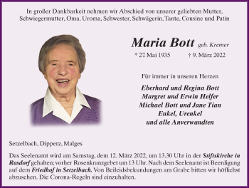 Traueranzeige von Maria Bott von FZ