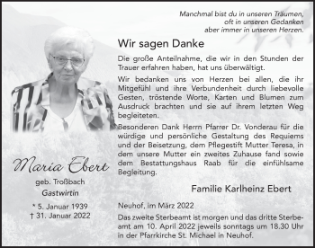 Traueranzeige von Maria Ebert von FZ