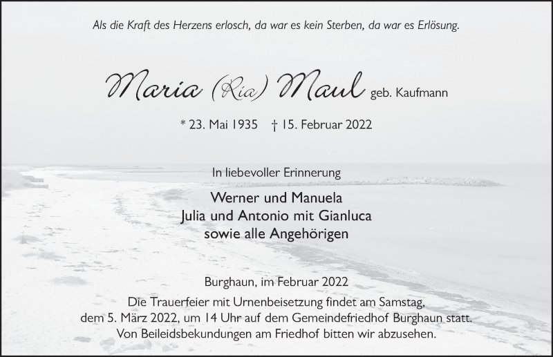  Traueranzeige für Maria Maul vom 02.03.2022 aus FZ
