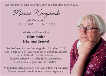 Traueranzeige von Maria Wiegand von FZ