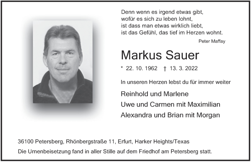  Traueranzeige für Markus Sauer vom 25.03.2022 aus FZ