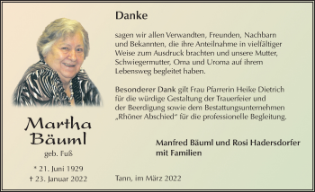 Traueranzeige von Martha Bäuml von FZ