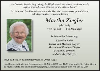 Traueranzeige von Martha Ziegler von FZ