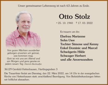 Traueranzeige von Otto Stolz von FZ