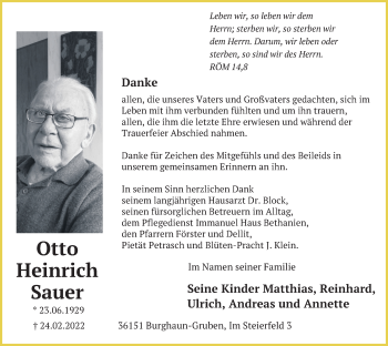 Traueranzeige von Otto Heinrich Sauer von FZ