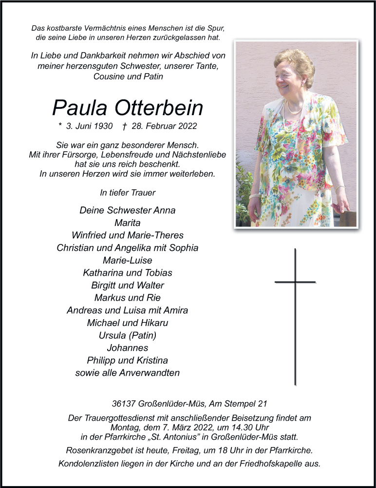  Traueranzeige für Paula Otterbein vom 04.03.2022 aus FZ