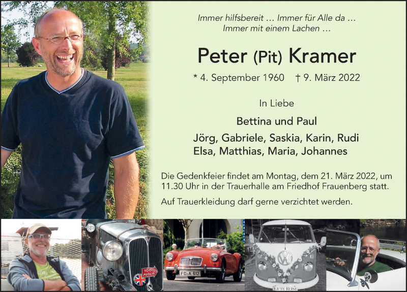  Traueranzeige für Peter Kramer vom 19.03.2022 aus FZ