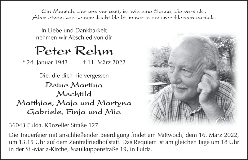  Traueranzeige für Peter Rehm vom 14.03.2022 aus FZ