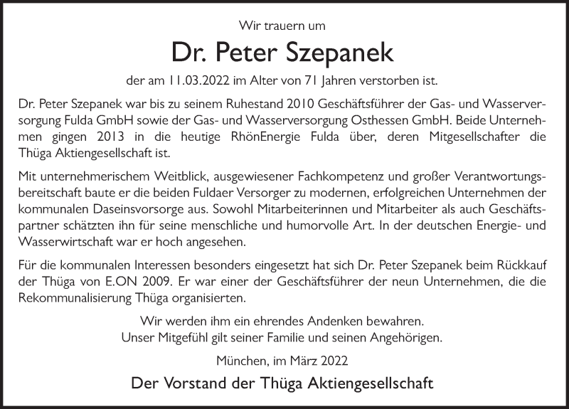  Traueranzeige für Peter Szepanek vom 24.03.2022 aus FZ