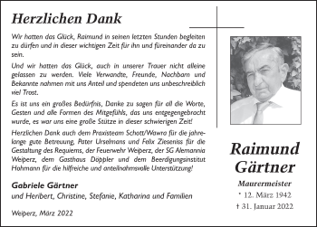 Traueranzeige von Raimund Gärtner von FZ