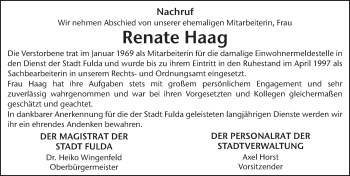 Traueranzeige von Renate Haag von FZ