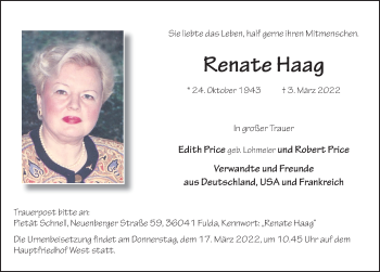 Traueranzeige von Renate Haag von FZ