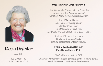 Traueranzeige von Rosa Brähler von FZ