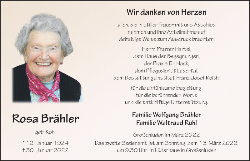  Traueranzeige für Rosa Brähler vom 11.03.2022 aus FZ