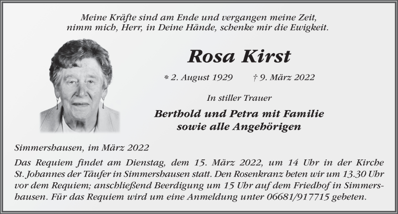  Traueranzeige für Rosa Kirst vom 12.03.2022 aus FZ
