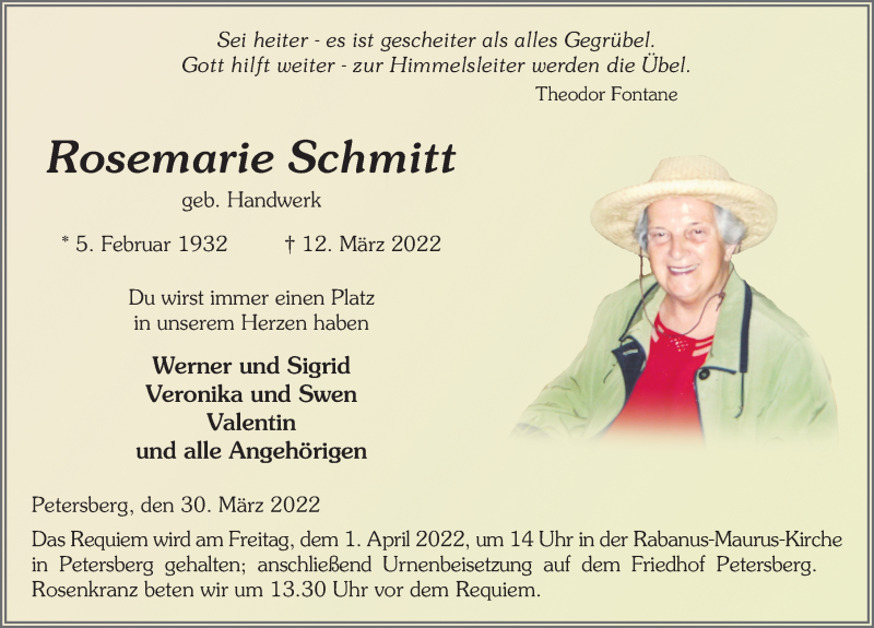  Traueranzeige für Rosemarie Schmitt vom 30.03.2022 aus FZ