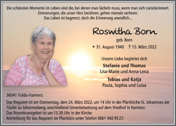 Traueranzeige von Roswitha Born von FZ