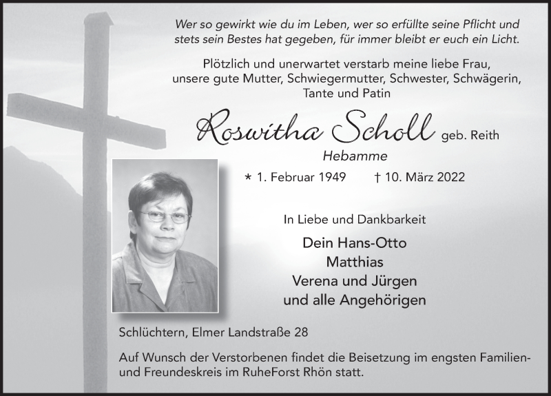  Traueranzeige für Roswitha Scholl vom 17.03.2022 aus FZ