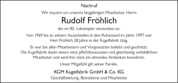 Traueranzeige von Rudolf Fröhlich von FZ