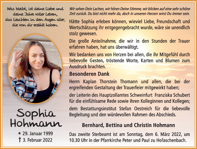  Traueranzeige für Sophia Hohmann vom 03.03.2022 aus FZ