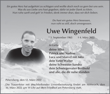 Traueranzeige von Uwe Wingenfeld von FZ