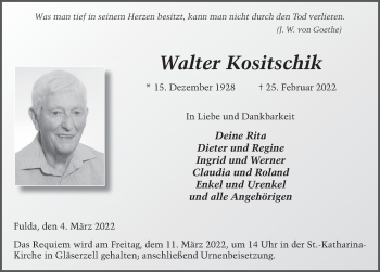 Traueranzeige von Walter Kositschik von FZ